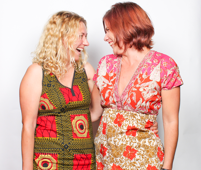 Two woman from Wellington pose against a bright white backdrop